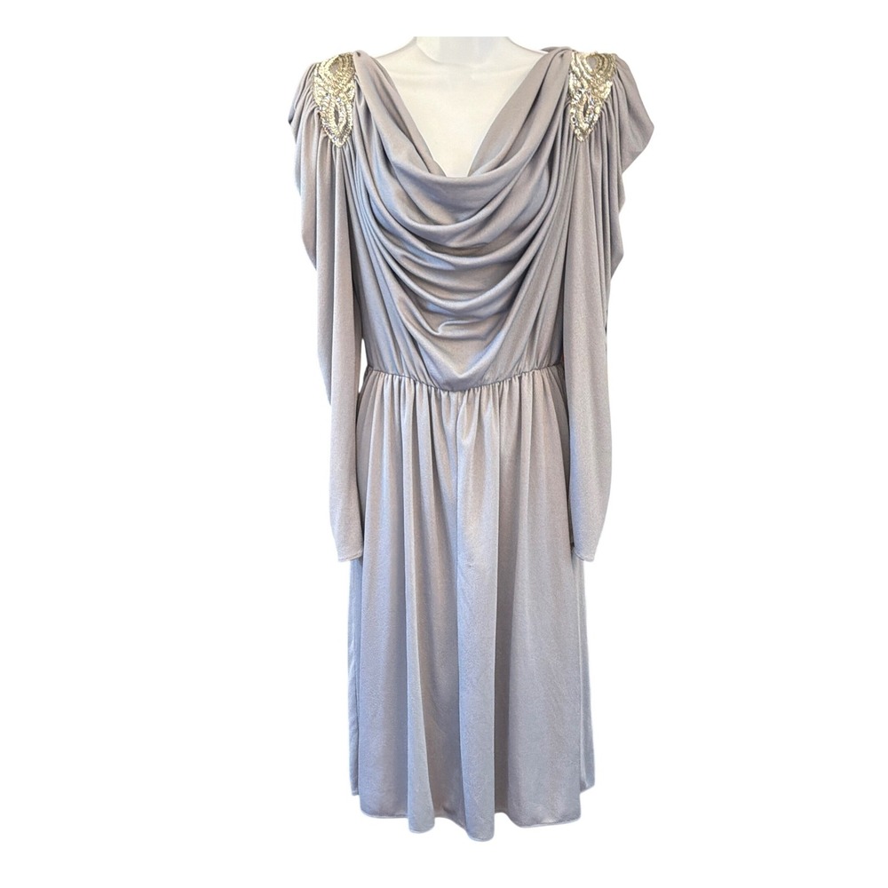 Vintage 80's Climax by David Howard Draped Dress Silver Sequin Glam Disco 4402